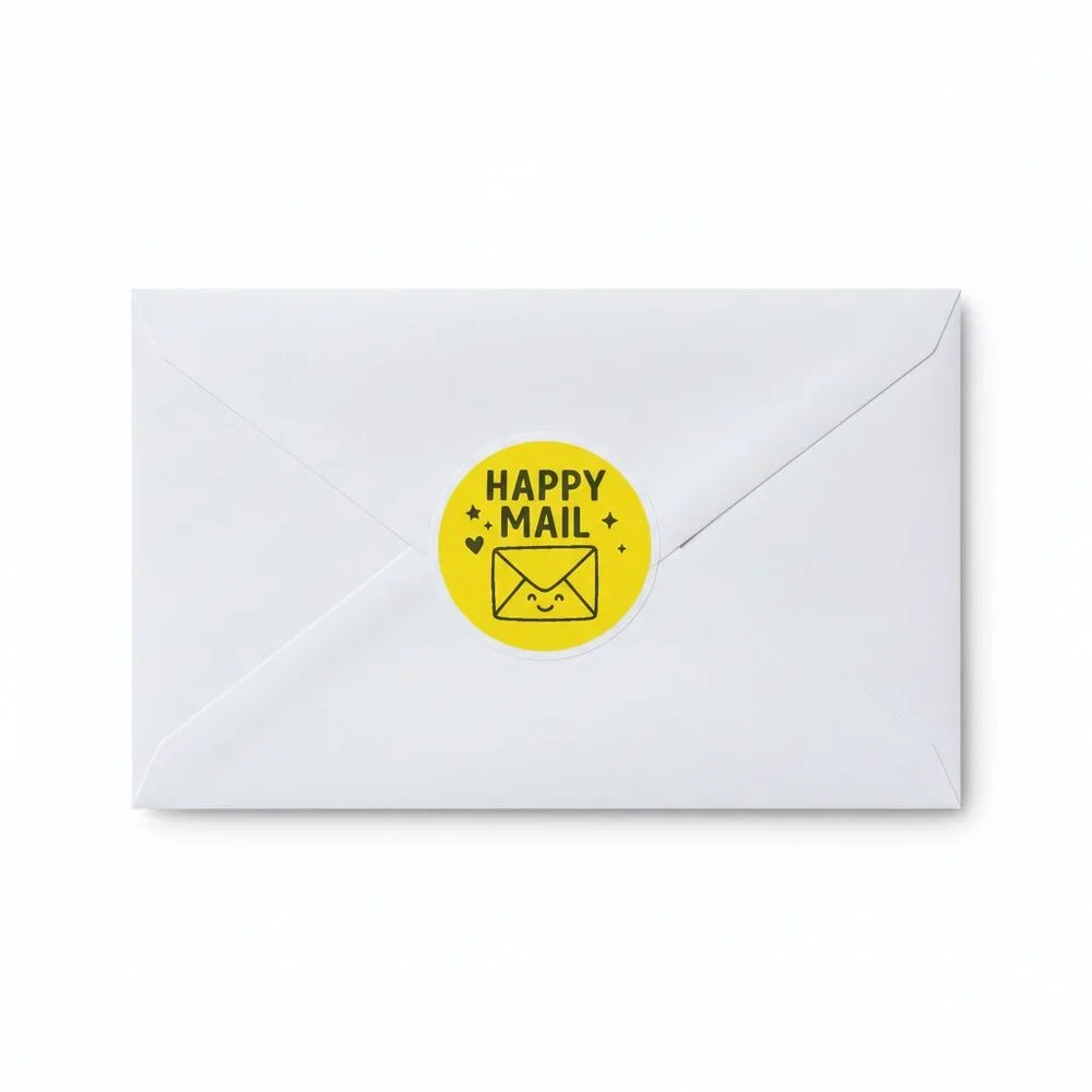200 Green Yellow Stickers Happy Mail  2inch Round Circle Boutique Mailer Seal